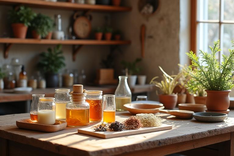 Interior del taller de Alma Pura Cosmética con ingredientes naturales sobre una mesa de madera